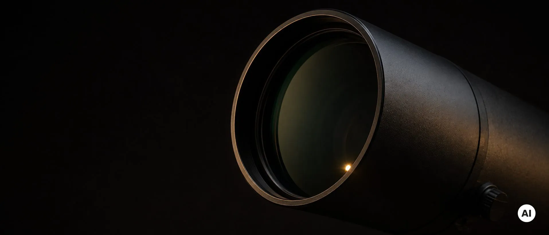 Lente objetiva de um telescópio vista de lado, com um único ponto de luz refletido na superfície.