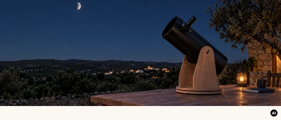 Telescópio de mesa sem marca sobre uma mesa firme, num espaço exterior à noite, com a Lua no céu.