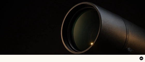 Lente objetiva de um telescópio vista de lado, com um ponto de luz refletido na superfície.